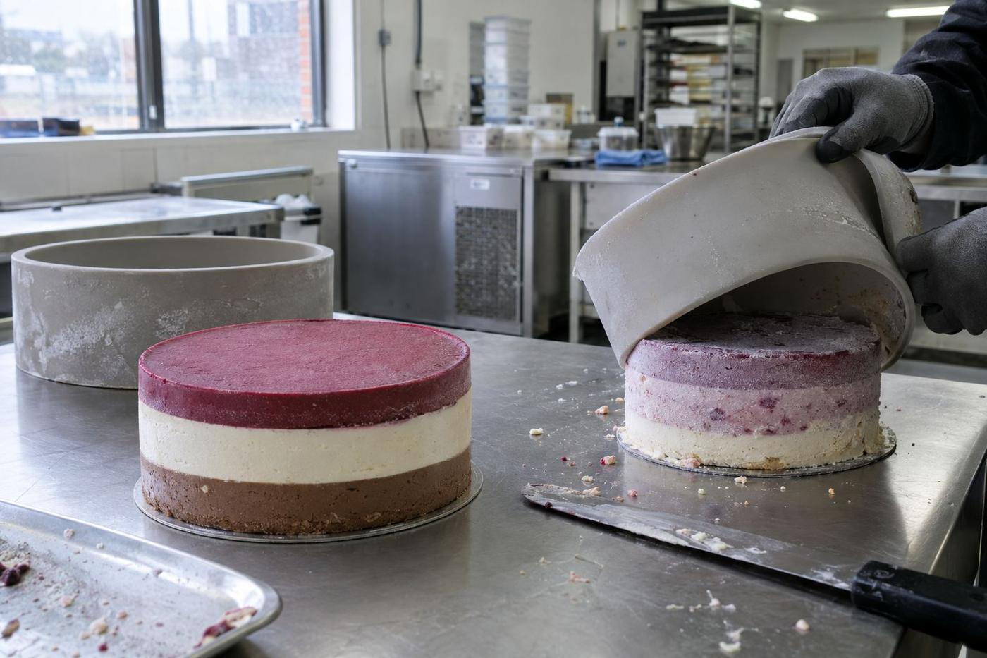 Layered gelato cake beside a flexible round silicone mould