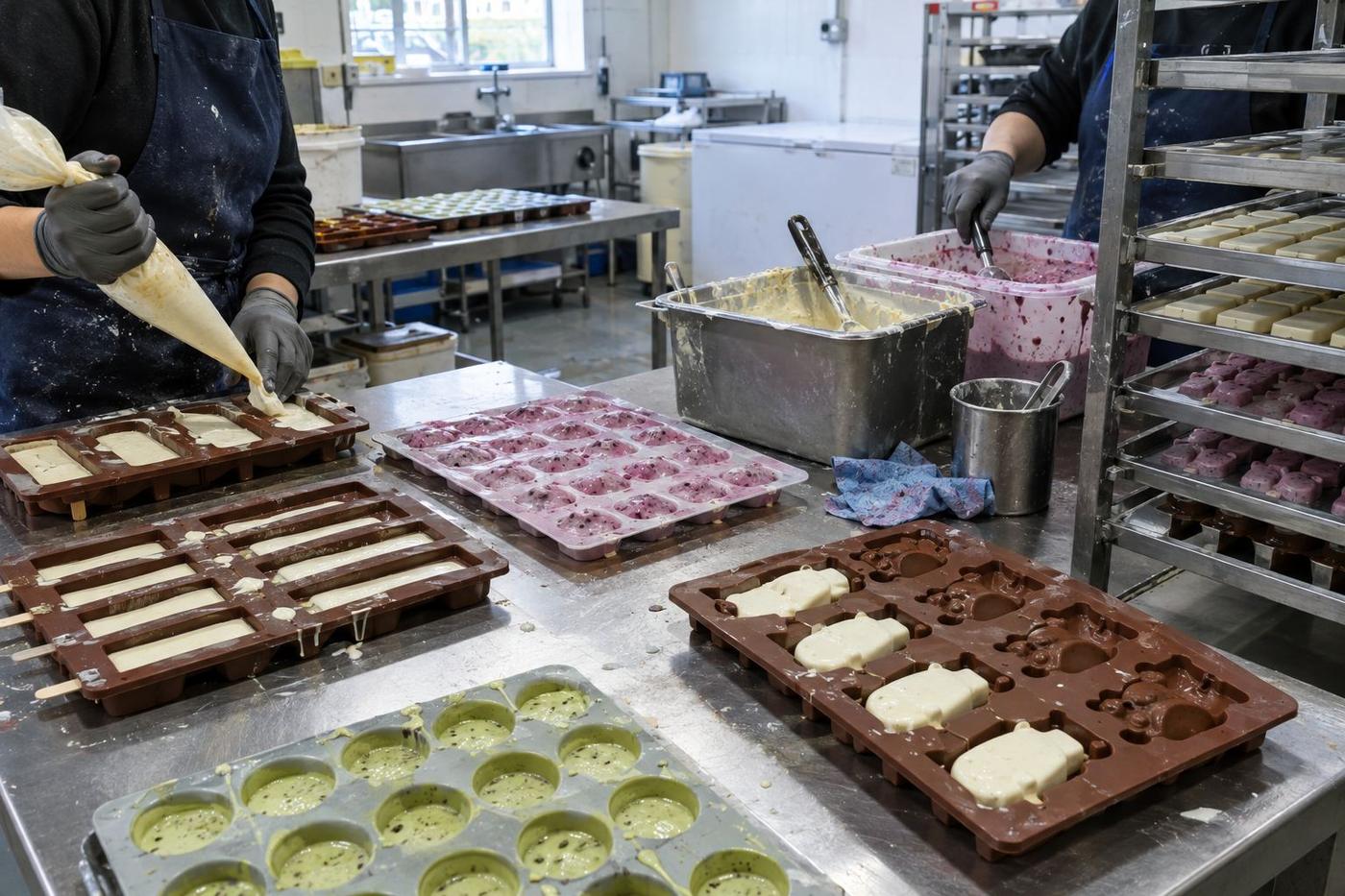 Gelato production area with varied silicone mould trays on tables