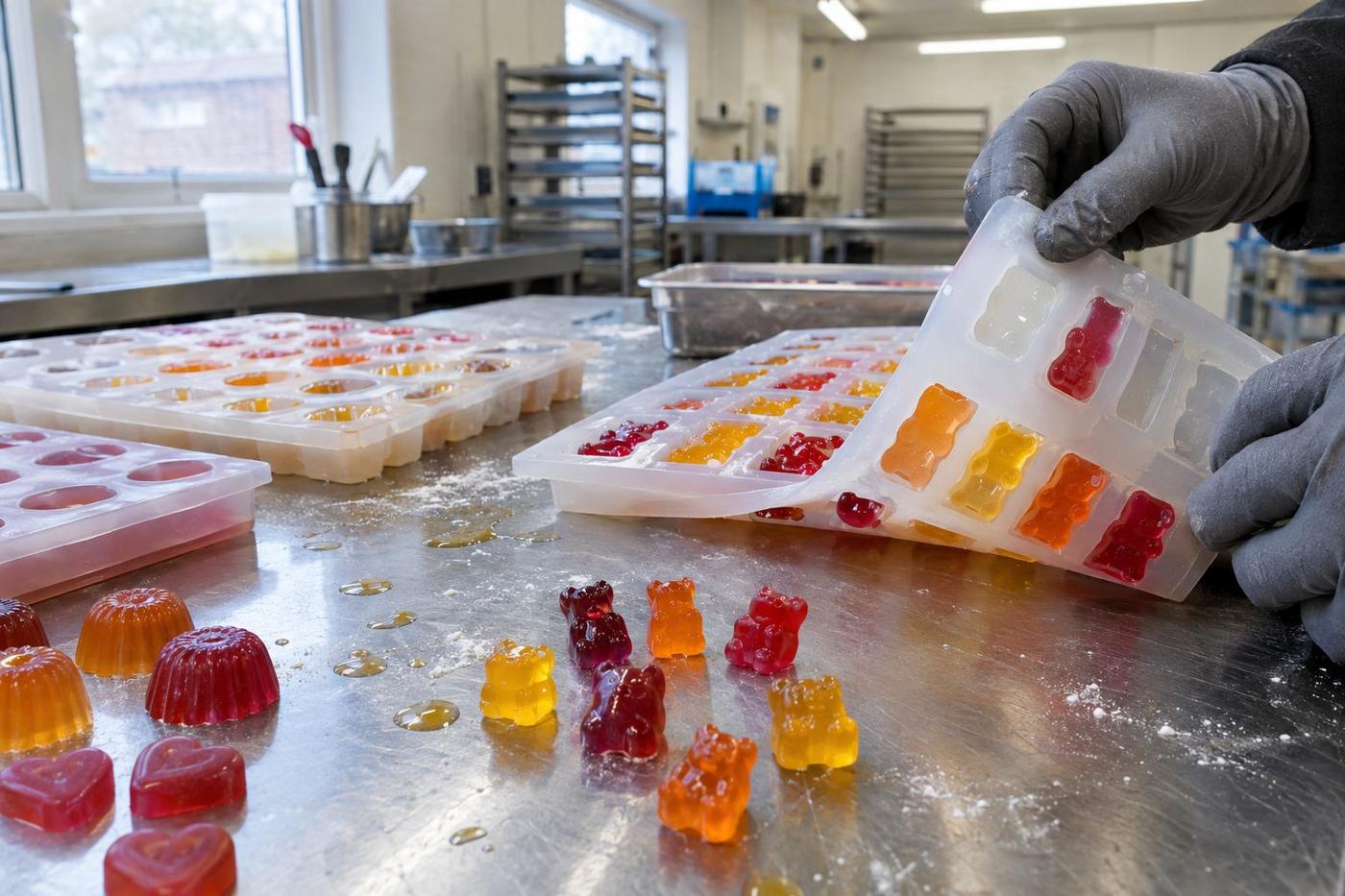 Detailed gummy and jelly moulds with soft sweets turned out