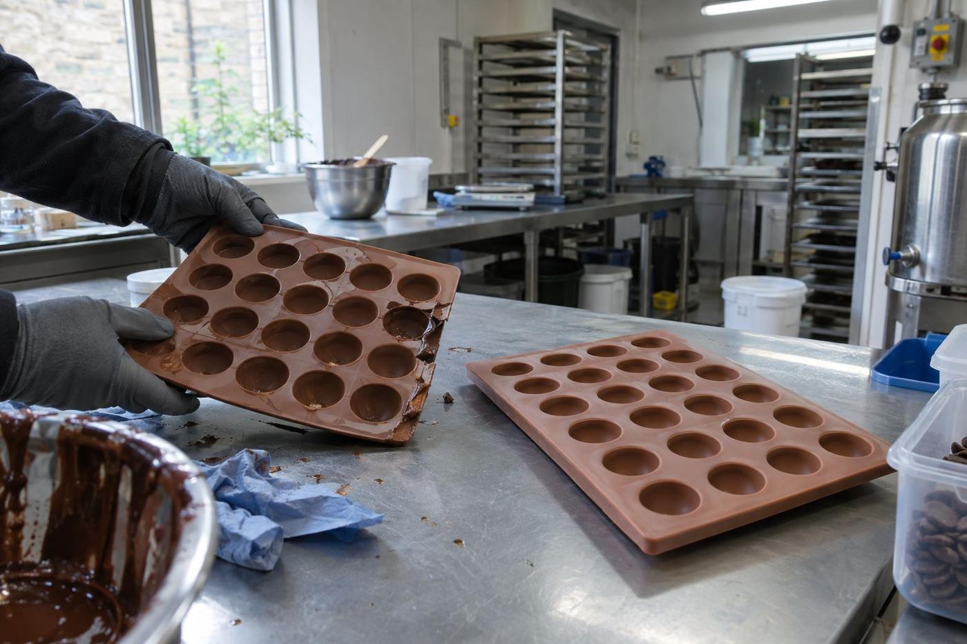 Damaged silicone tray beside a ready spare on a workbench