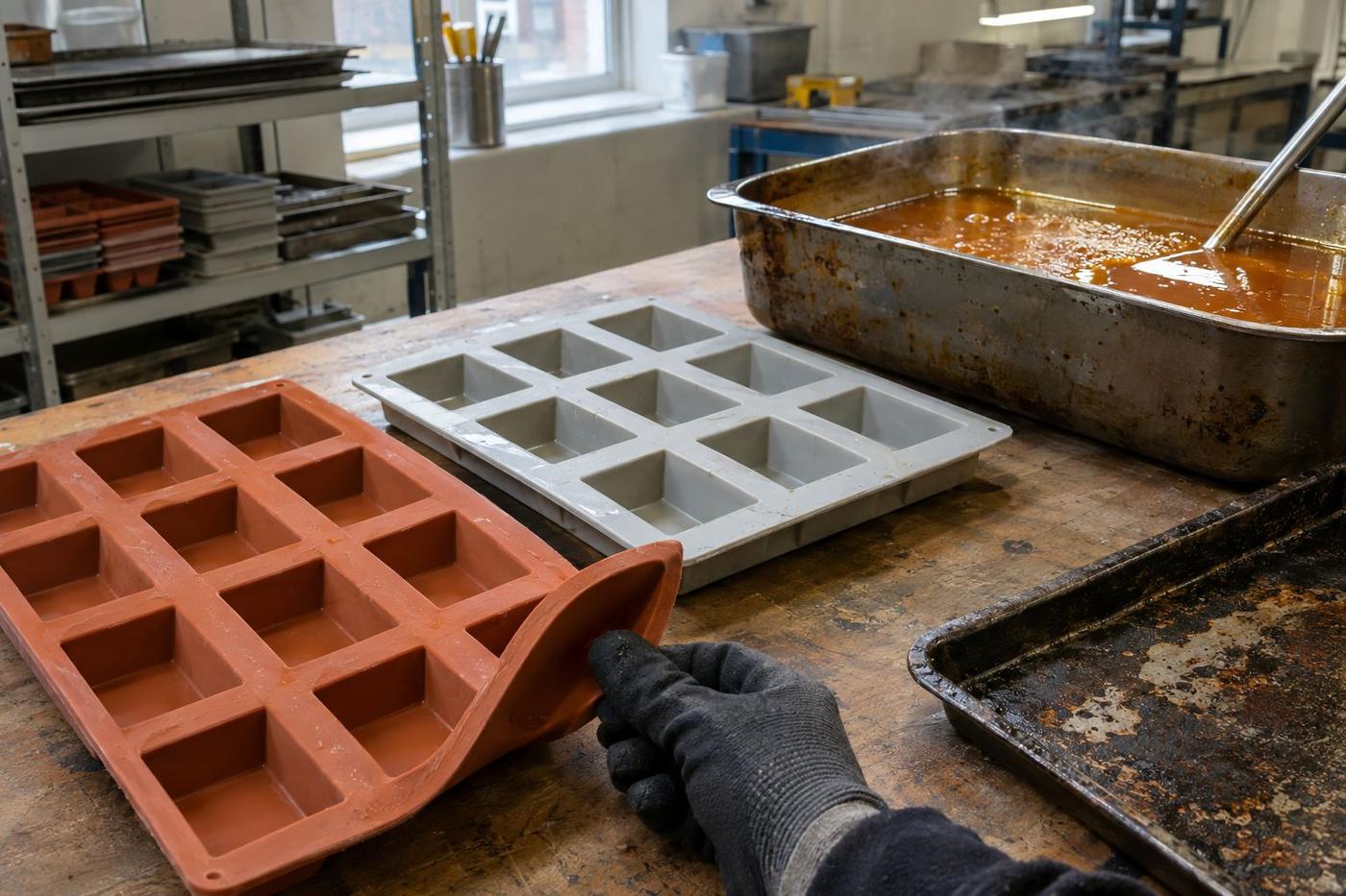 High-temperature silicone mould beside hot sugar on a worn bench