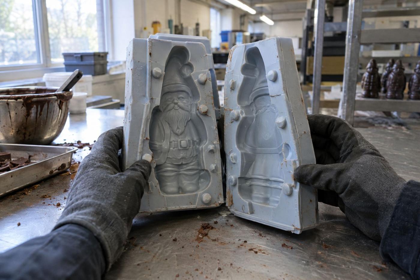 Two silicone mould halves aligned for a hollow chocolate figure