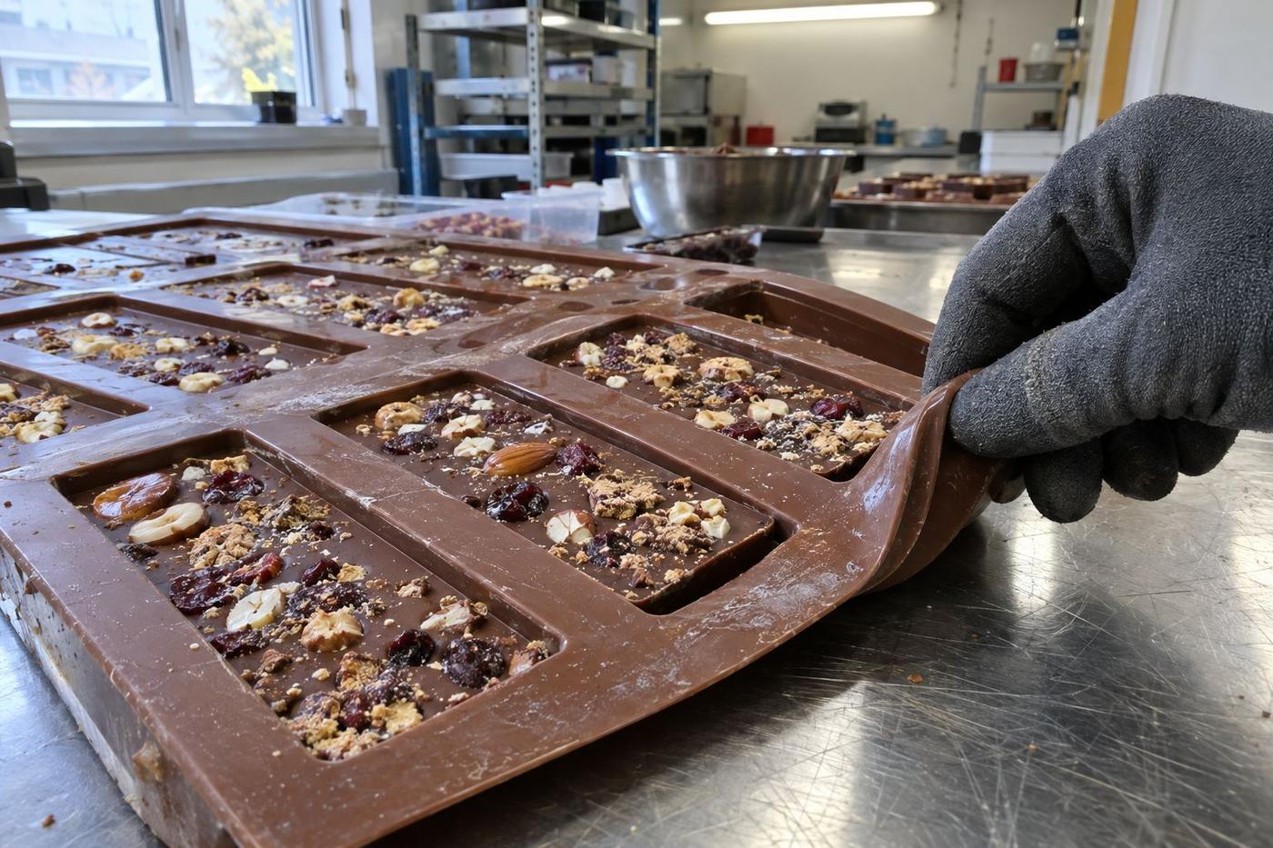 Silicone bar tray releasing chocolate bars with nut and fruit inclusions