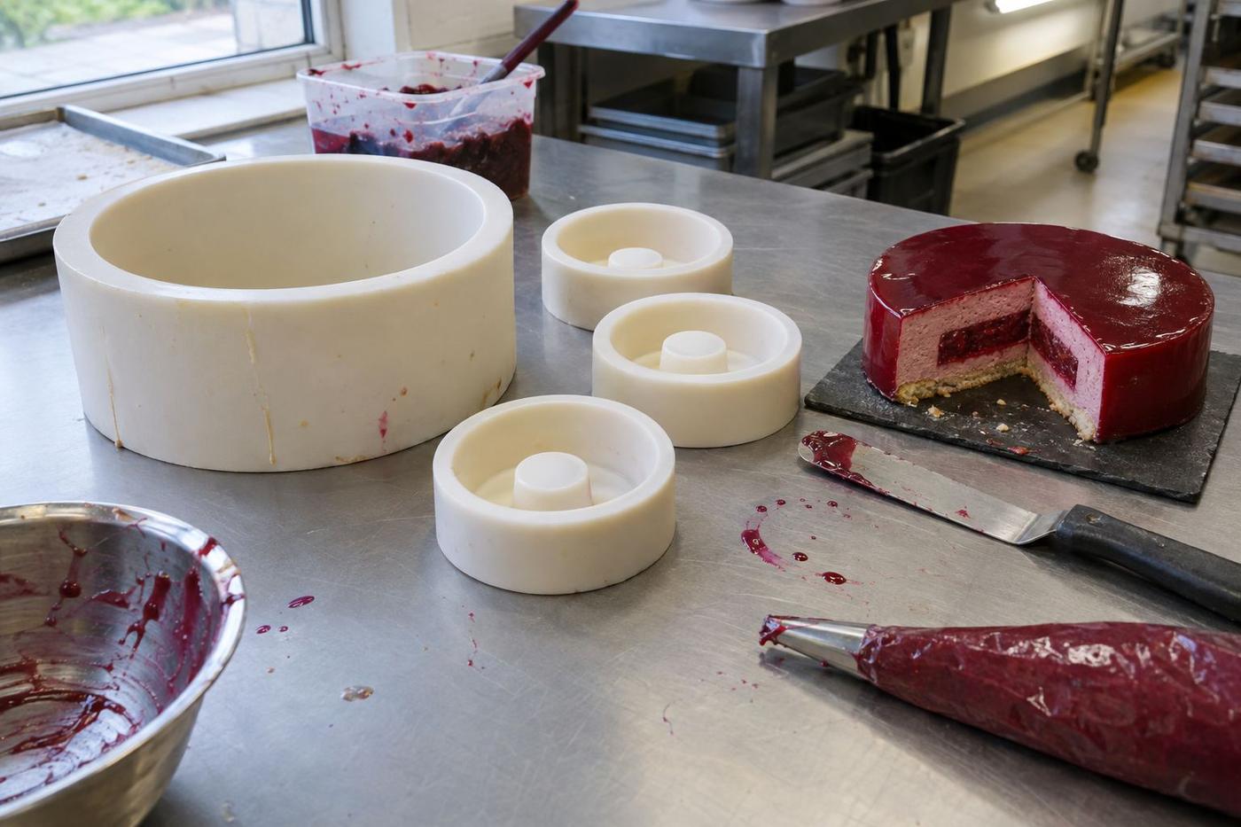 Outer mousse mould and insert moulds beside a sliced entremet