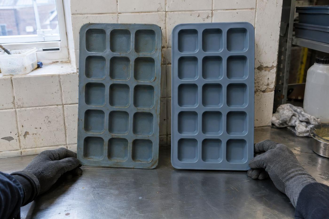 Old and new matching silicone trays compared side by side