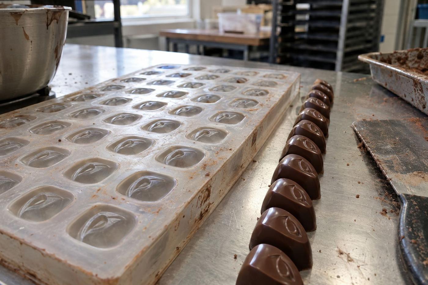 Embossed silicone chocolate mould beside finished marked chocolates