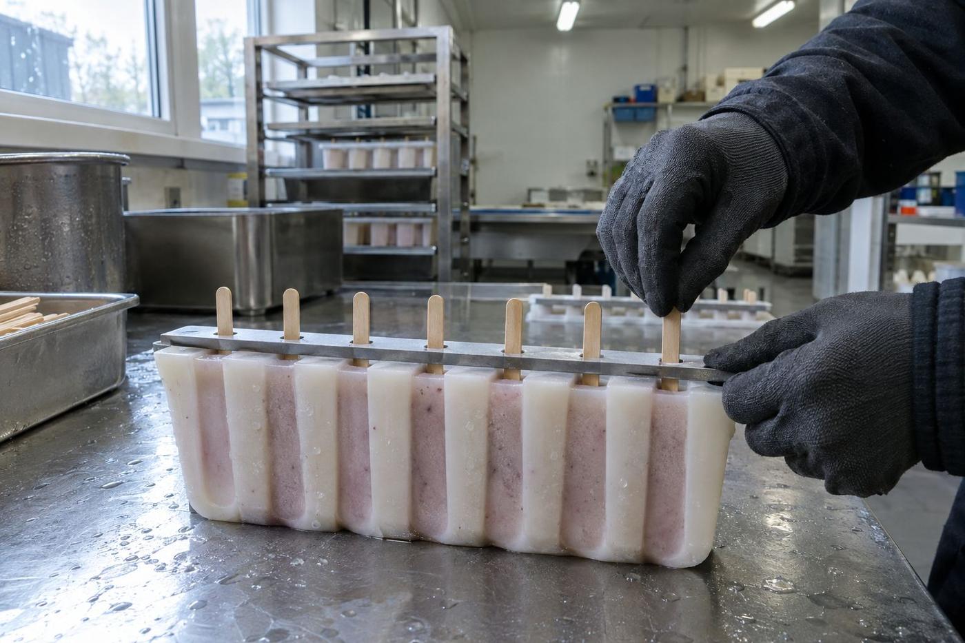 Lolly mould with centred wooden sticks held by a guide