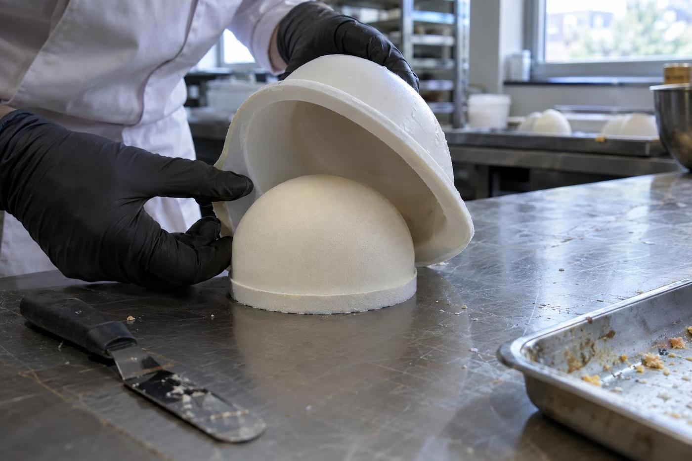 Gloved hands demoulding a smooth frozen entremet from a silicone mould.