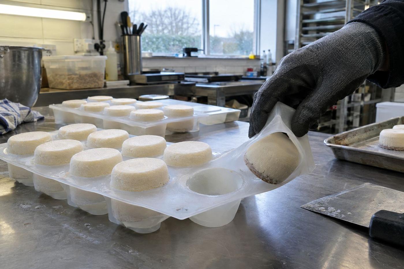 Frozen mousse portions in flexible silicone moulds on a kitchen bench.