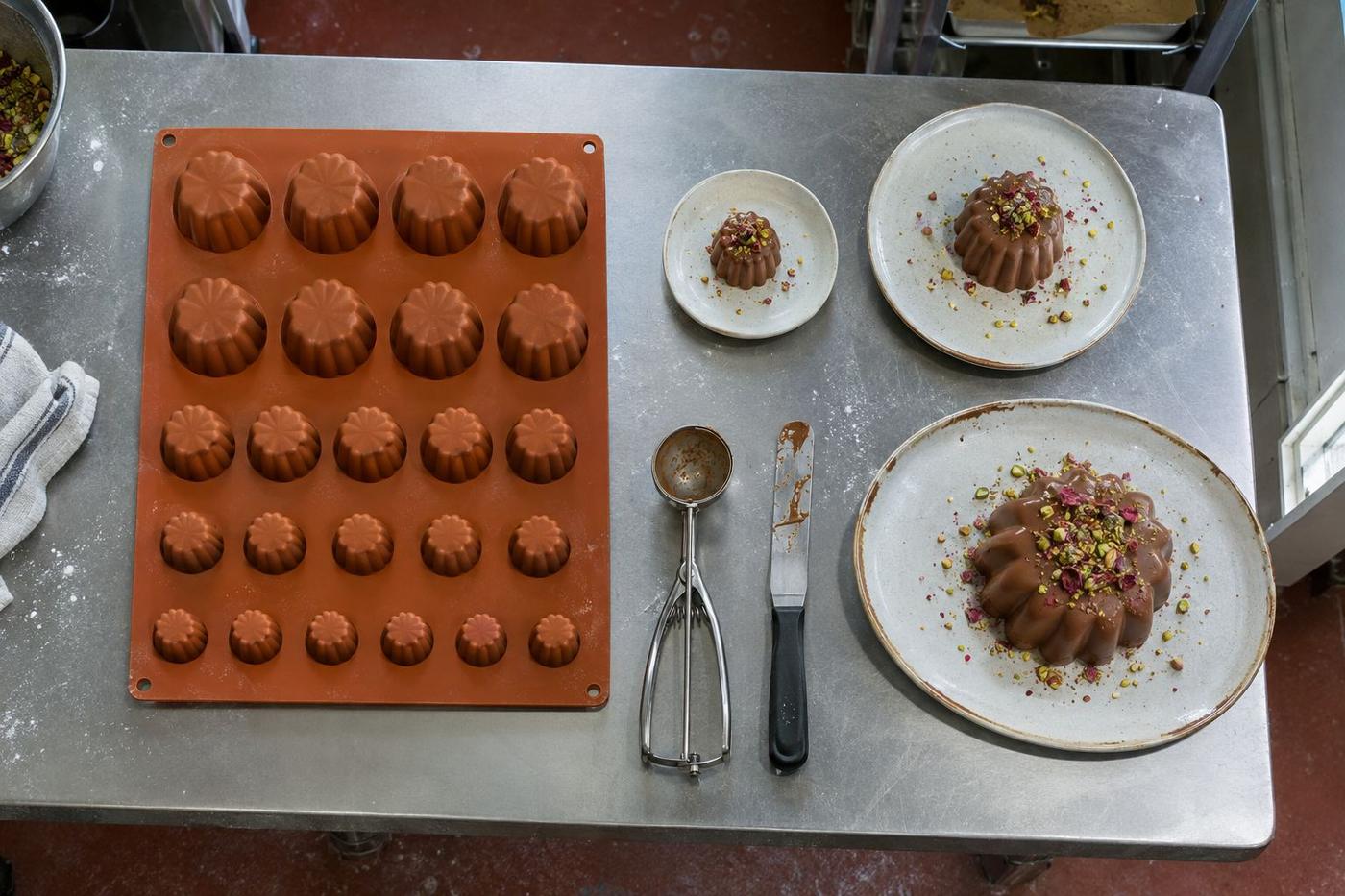 Silicone tray with the same dessert shape in three portion sizes.