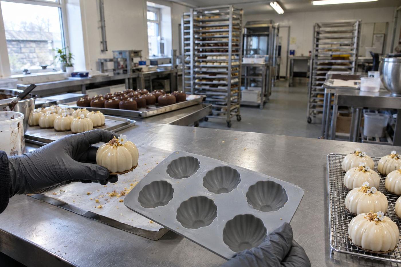 Patisserie workstation with finished desserts beside matching silicone mould cavities.