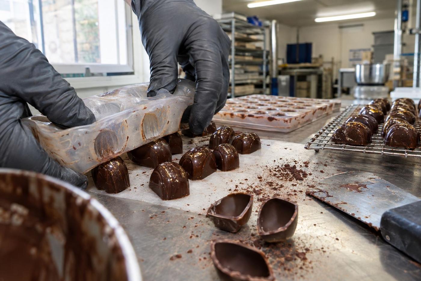 Detailed pralines being released from a flexible silicone mould.