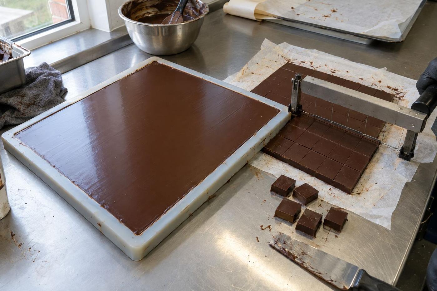 Ganache slab in a silicone frame tray ready for cutting pralines.