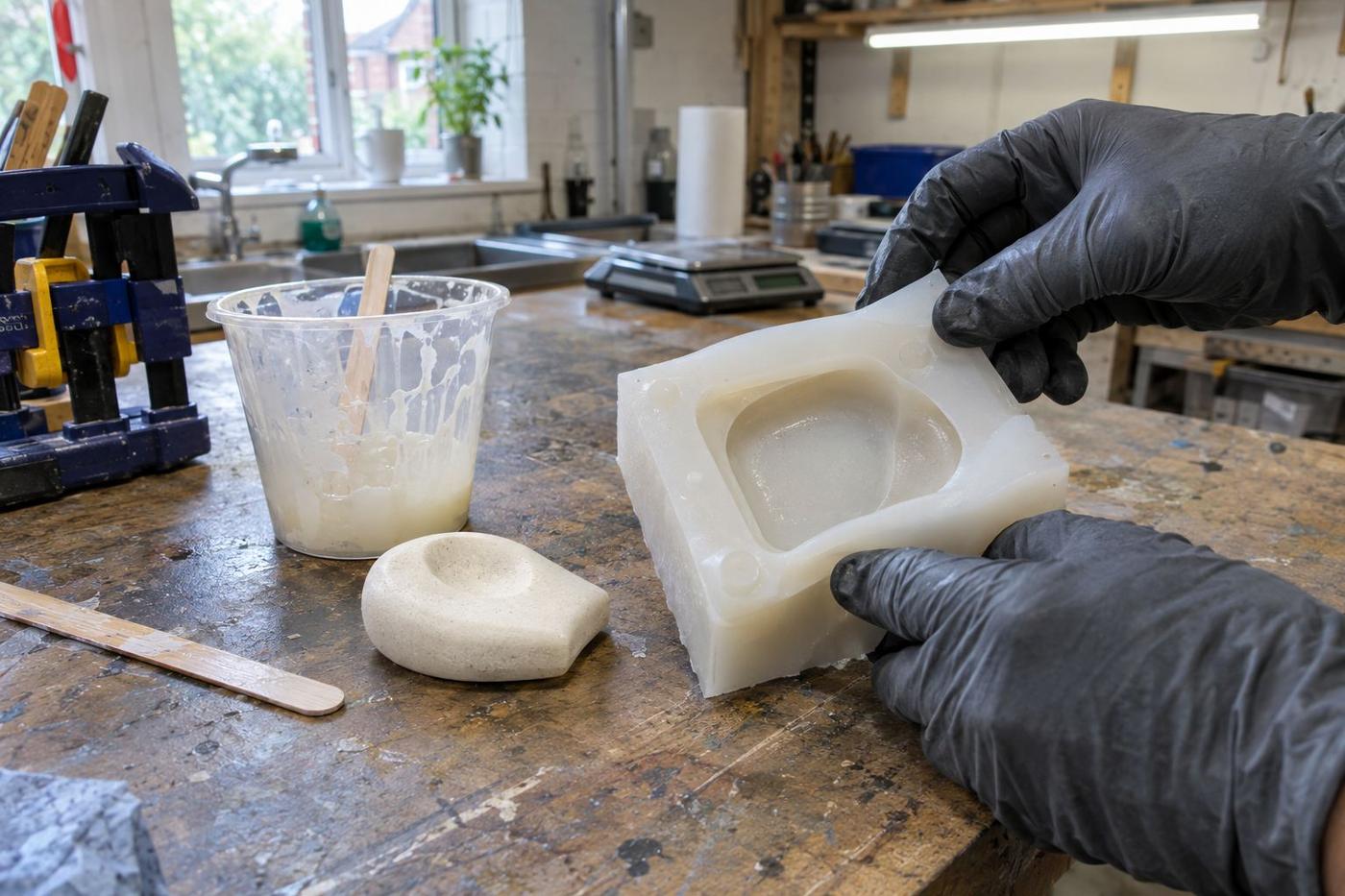 Single prototype silicone food cavity being checked by gloved hands.