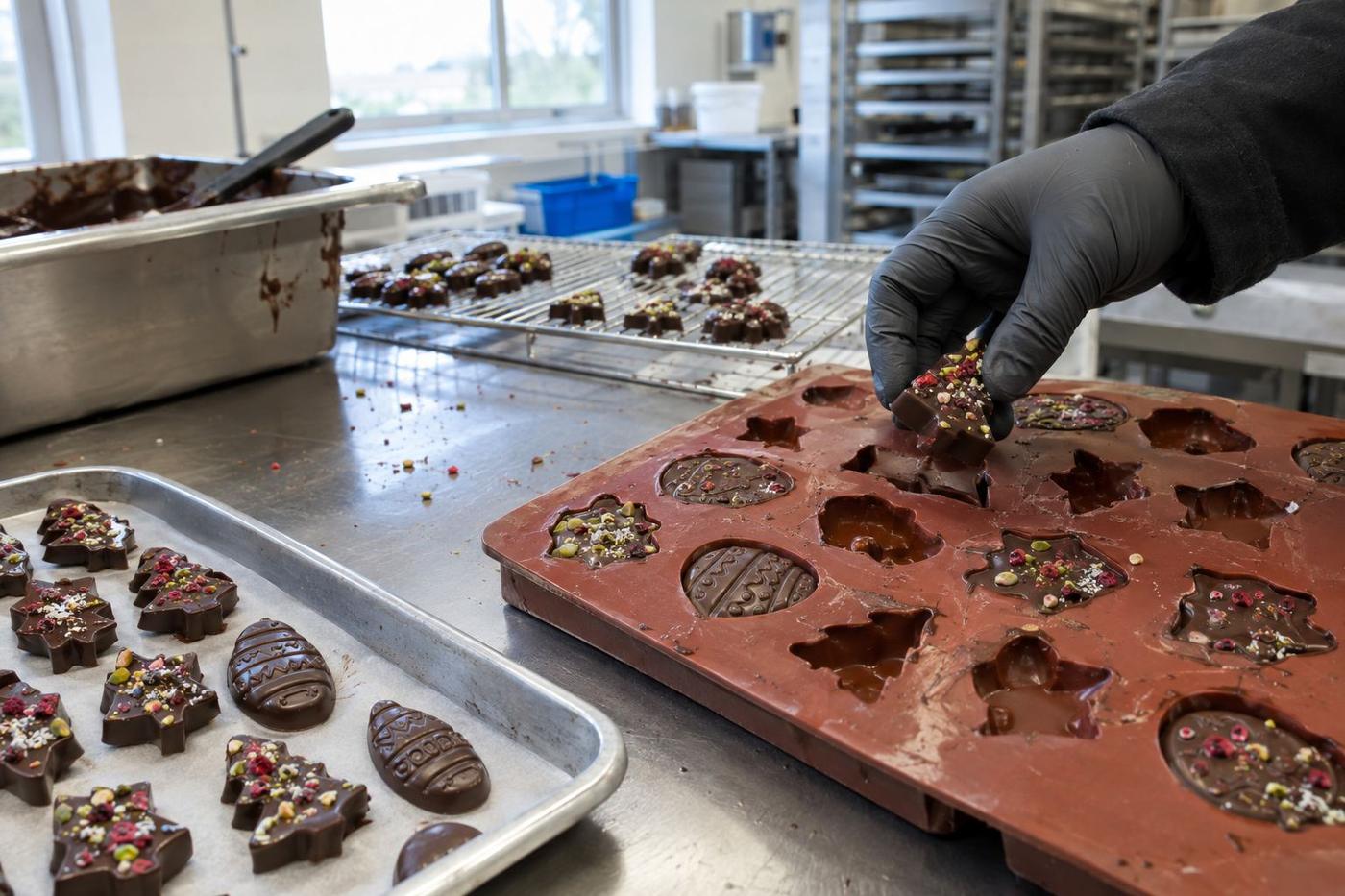 Seasonal confection shapes beside a custom silicone mould on a bench.