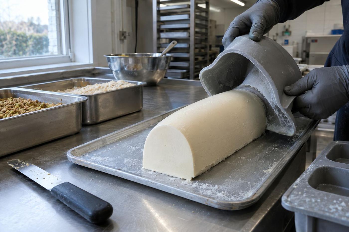 Smooth semifreddo being turned out from a grey silicone mould.