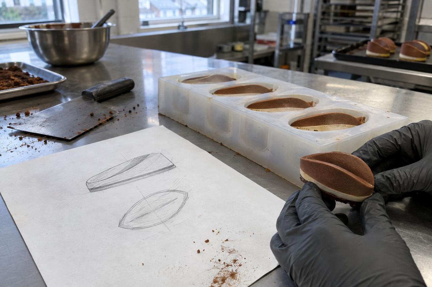 Gloved hands compare a chef sketch with a custom silicone dessert mould.