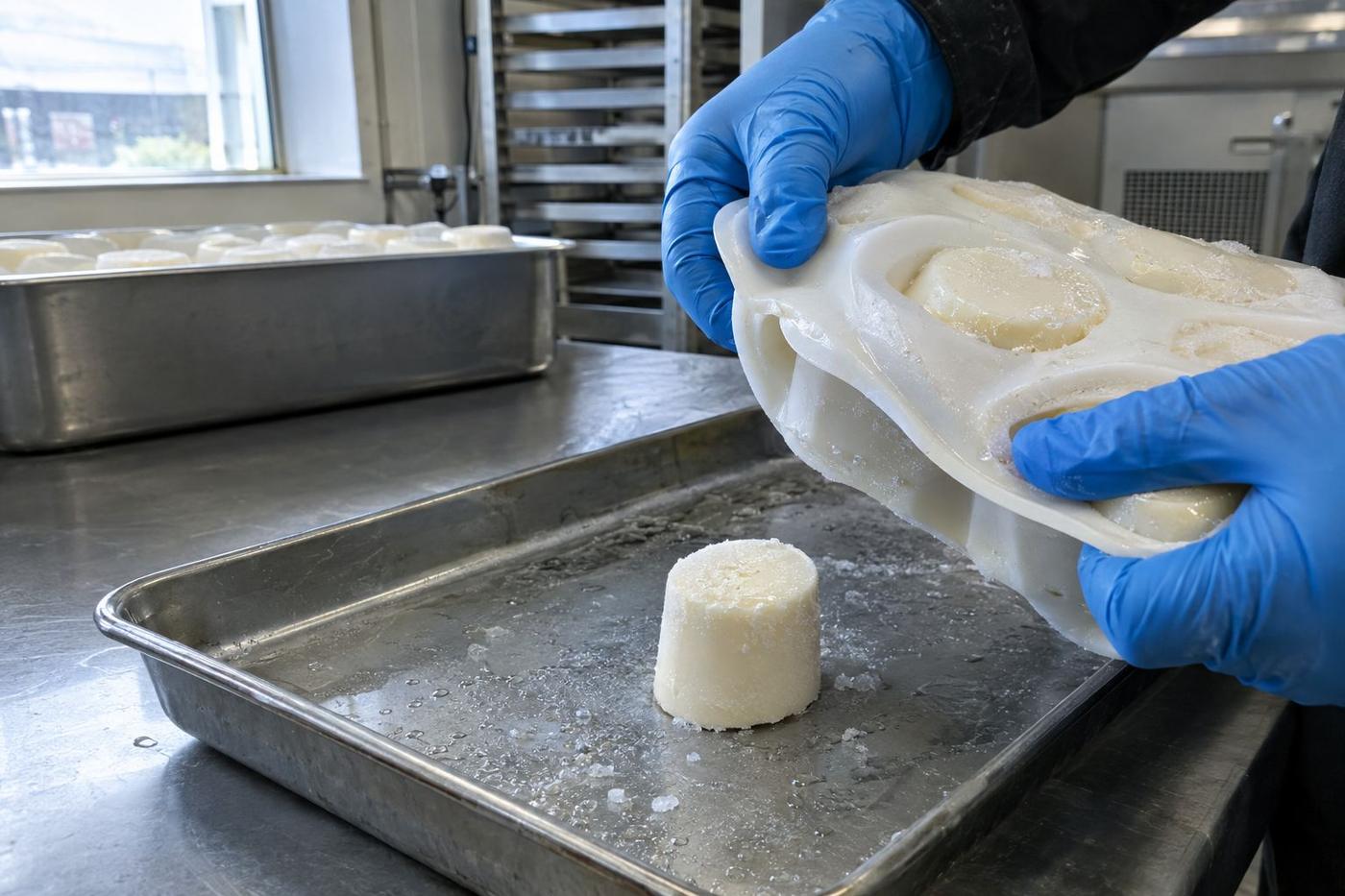 Frozen dessert portion released from a flexible silicone mould tray.