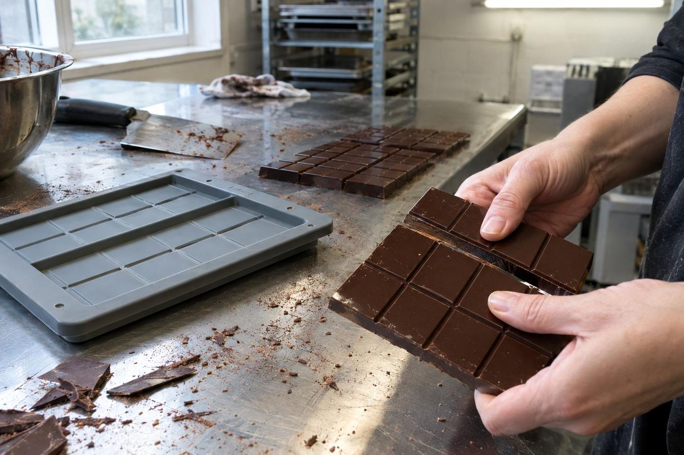 Chocolate bar snapped cleanly beside a silicone tablet mould.