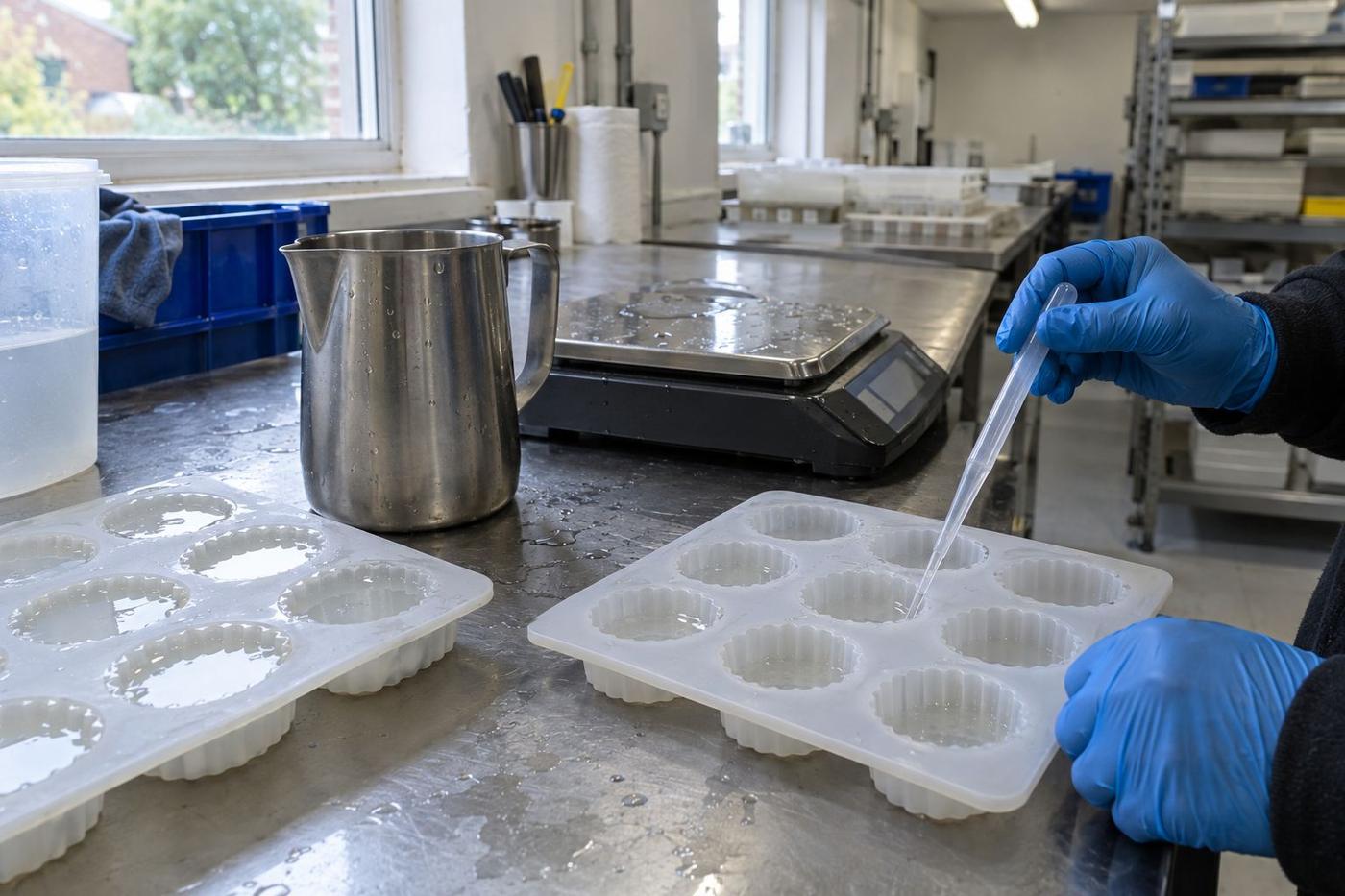 Gloved hands checking silicone dessert cavity volumes with water.