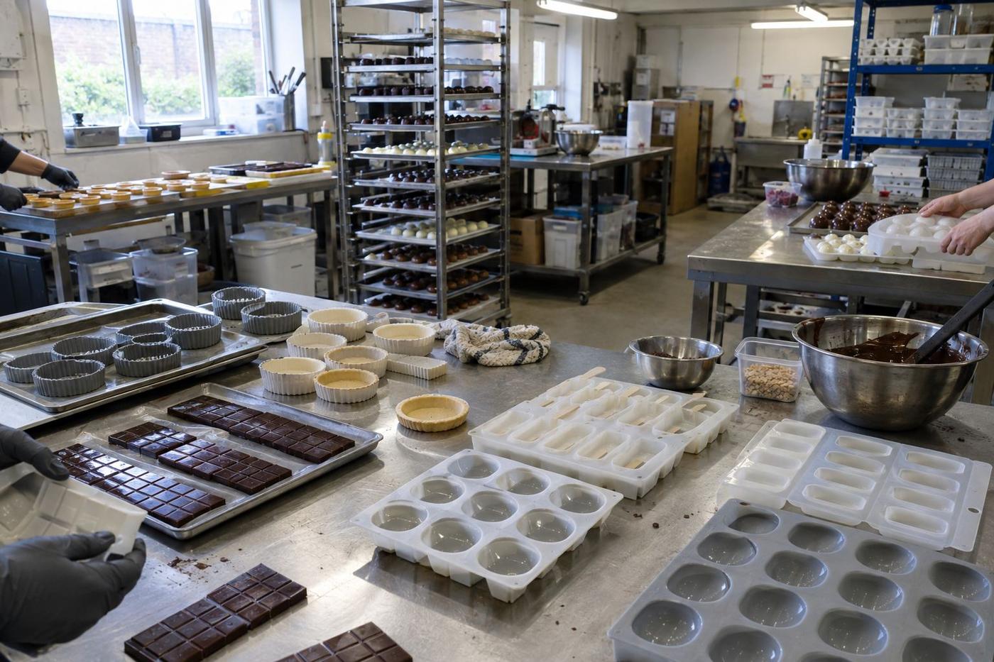 Different food-grade silicone moulds arranged across a small production room.